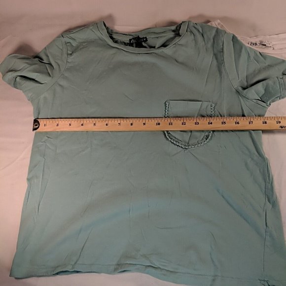 2 Zara T-Shirts Tops White Teal Blue Mint Green Pocket Detail Women's M Medium - Picture 9 of 16